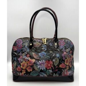 ARCADIA Floral Leather Large Dome Satchel Bag Patent Handbag Purse Italian